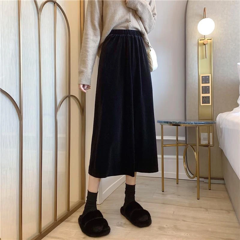 Rimocy Elegant Velvet Long Skirt for Women 2024 Vintage A Line High Waist Midi Skirt Female Solid Color Autumn Winter Skirts