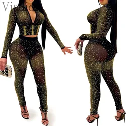 Women Sexy Two-Pieces Mock Neck Rhinestone Front Zipper Long Sleeve Crop Top And High Waist Skinny Pants Set