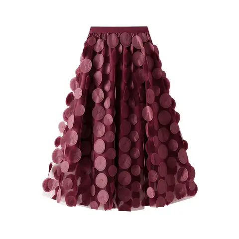 Autumn Winter 3D Circular Applique Mesh Long Skirts 2024 Korean Fashion Hepburn Style High Waist A-LINE Skirt
