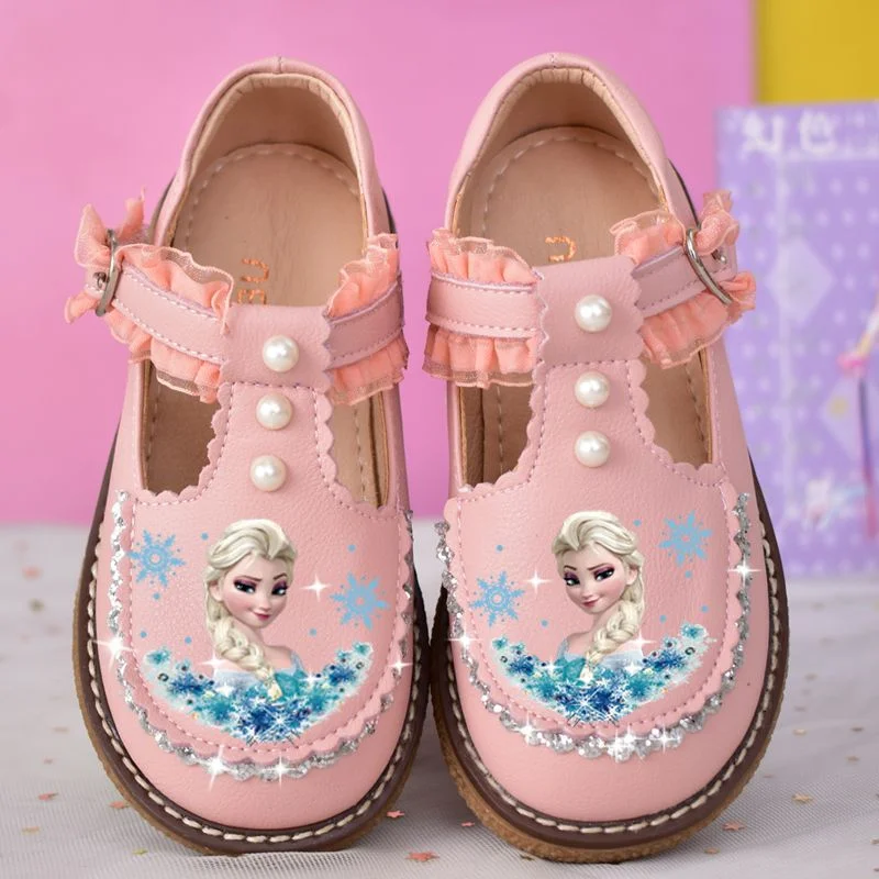 Disney Children's Girls' Silver Shiny Leather Casual Shoes Frozen Princess Girls' Soft Sole Non-slip Baby Shoes Lolita Girls