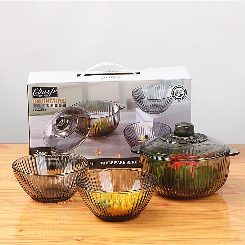 

Hot Selling Translucent Grey Glass Bowl Set With Lid Household Noodle Bowl Fruit Salad Bowl Promotional Event Gift Three-piece