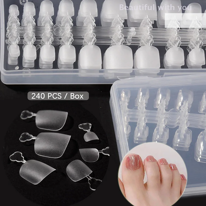 

240Pcs/set Square False Toe Nails Full Cover Natural White Clear Press On Fake Toenail Acrylic Foot Nail Art Tips For Women Girl