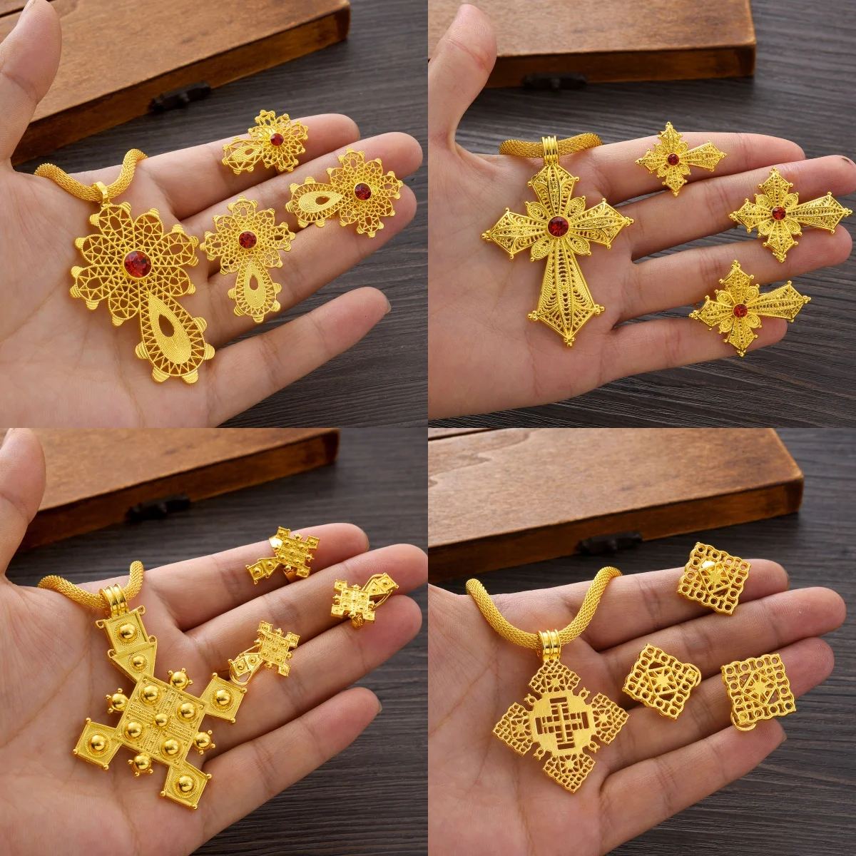 Discount Ethiopian Cross Jewelry Sets Multiple Ring Earring Necklace 3-Piece Set African Eritrean Wedding Engagement Gift #185