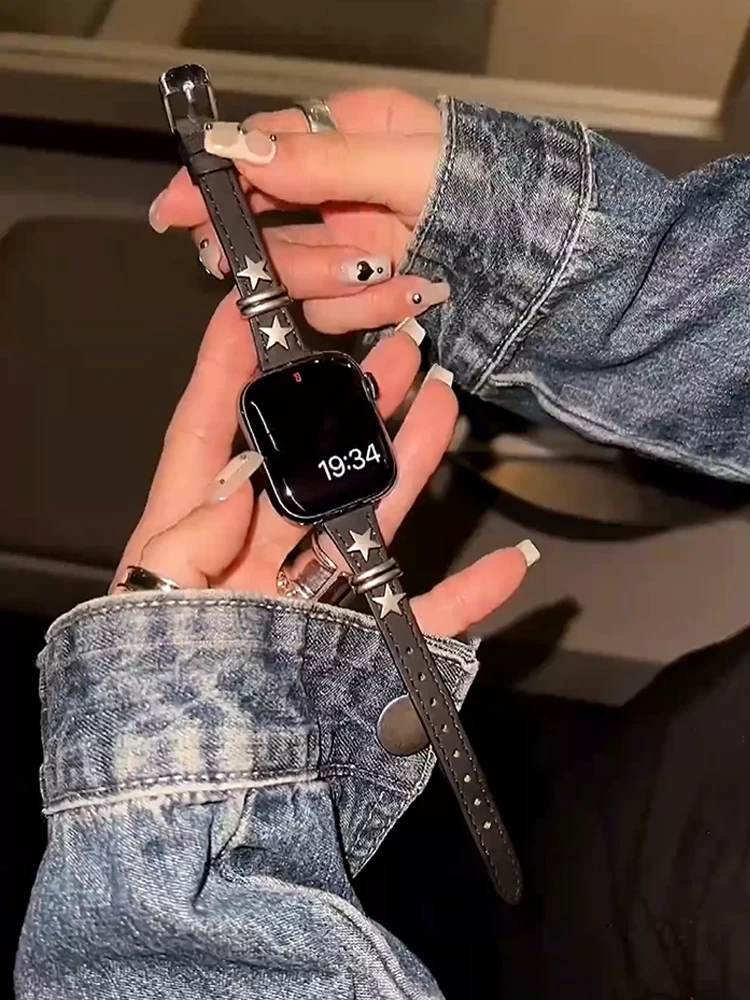 Retro Star สําหรับ Apple Watch 38 มม.40 41 มม.42 มม.45 มม.46 มม.49 มม.สร้อยข้อมือหนังสําหรับ iWatch Ultra 10 9 8 7 6 SE 5 4