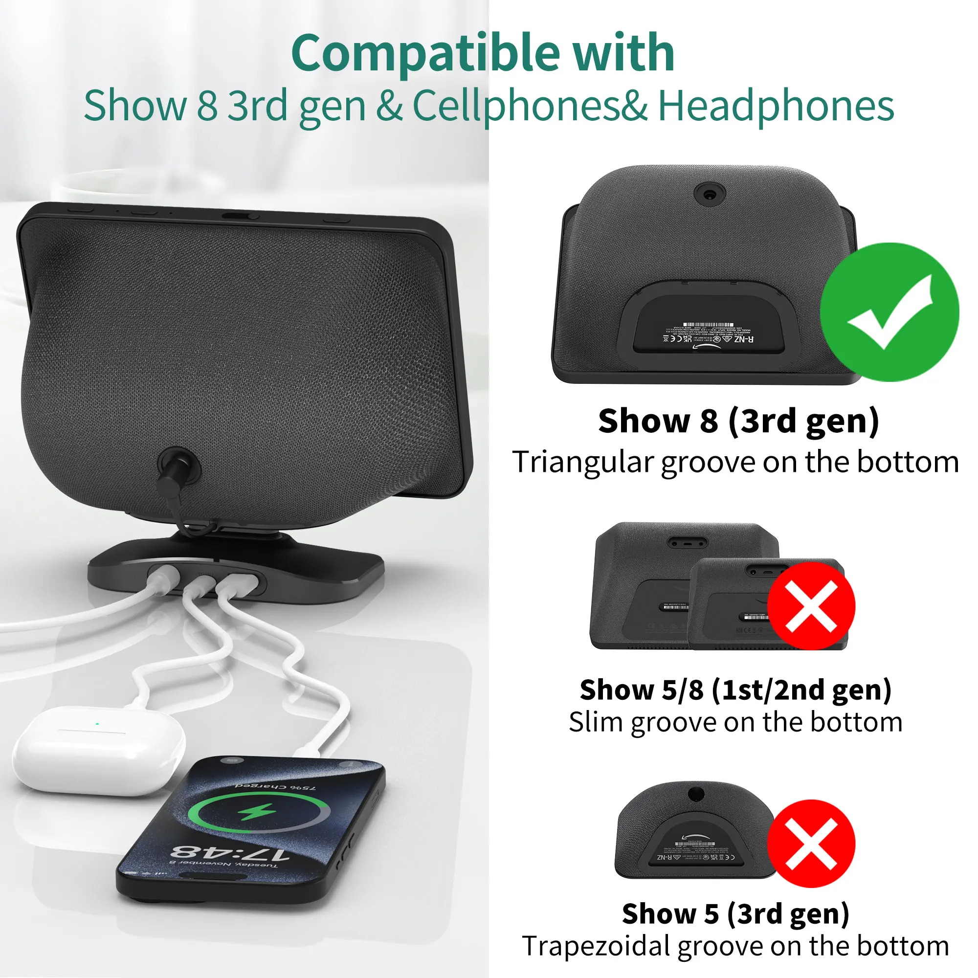 حامل قاعدة PlusAcc لعرض الجيل الثالث مع منفذ شحن USB-C/A لأجهزة iPhone وAirpods وجميع الهواتف وسماعات الأذن