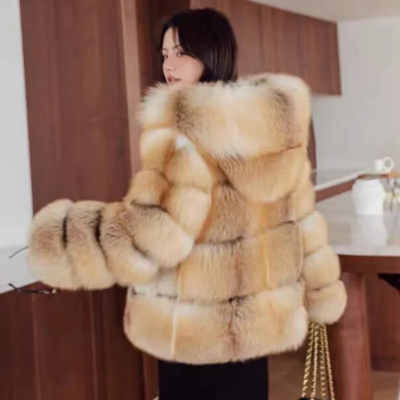 Autumn and Winter Warm and Fashionable Women\'s New Medium and Long Imported Golden Island Fox Hooded Fox Fur Coat