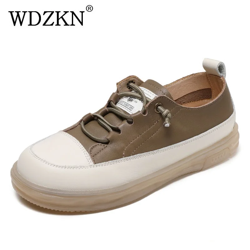 

WDZKN Women Flat Shoes Round Toe Mixed Colors Genuine Leather Slip On Loafers Spring Elastic Band Casual Shoes Big Size 35-43