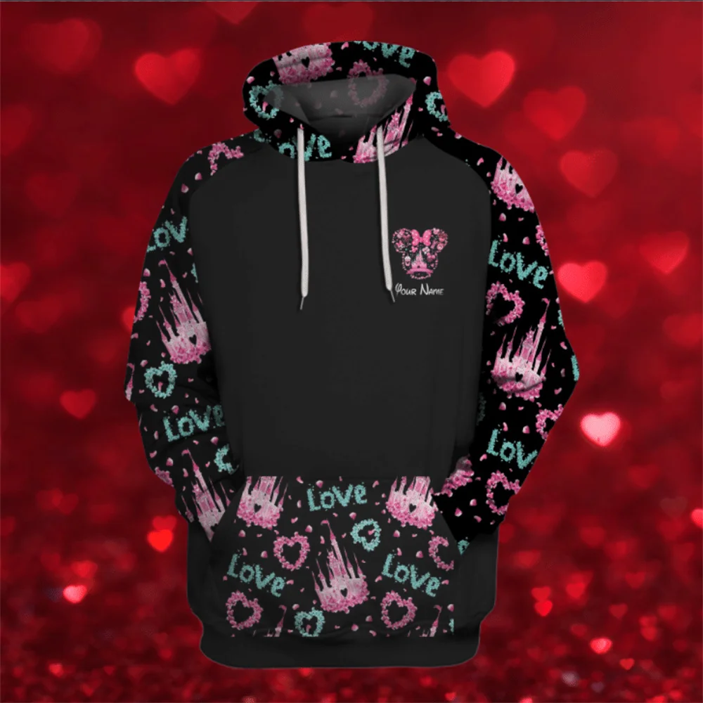 

Mickey Minnie Mouse Head Disney Castle Love Heart Pattern Personalized Disney World All Over Print Unisex Hoodie