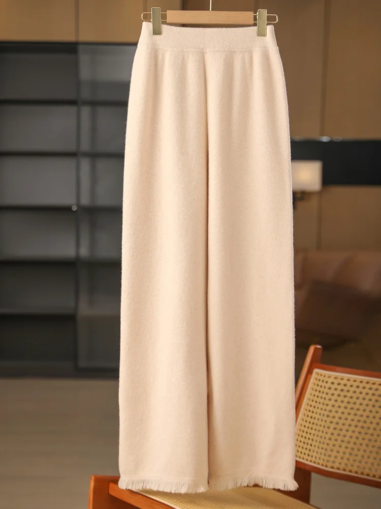 100% Merino Wool Women Wide Leg Pants New Autumn Winter Straight Trousers Casual Fashion Female Knitted Soft Pants Fringe Trim