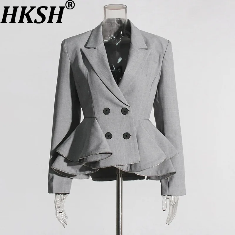 

HKSH Autumn New Women Blazer Notched Double Breasted Ruffled Hem Waist Cinching Slim Fit Elegant Trendy Office Lady Coat HK11489