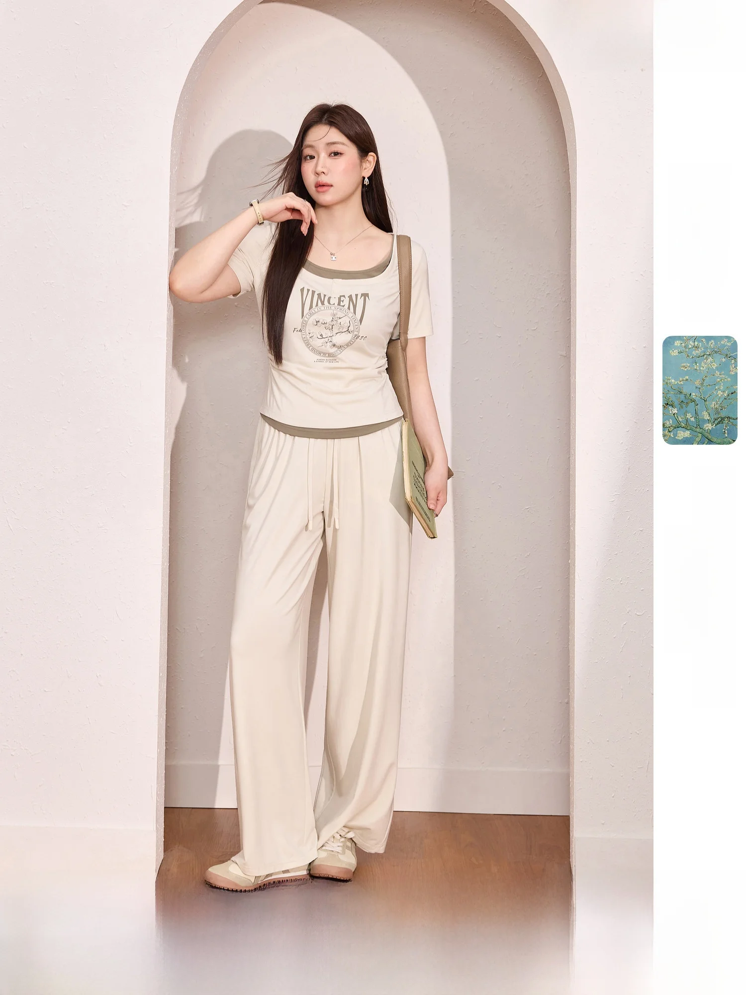 

Blue Language Van Gogh Collaborative Large Size Women's Casual Summer Set Air Conditioning Pants ort Sve Regular Fit