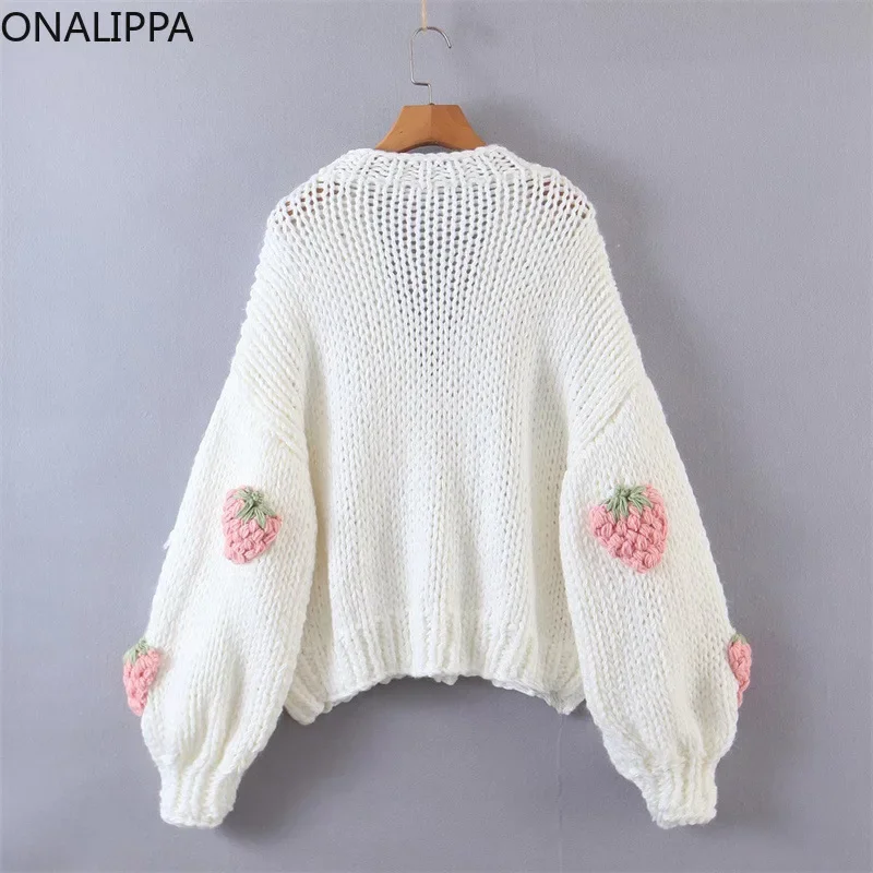 Onalippa Thick Needle Strawberry Knitted Cardigan V Neck Single Breasted Loose Cardigans Korean Long Sleeves Sweet Sweater