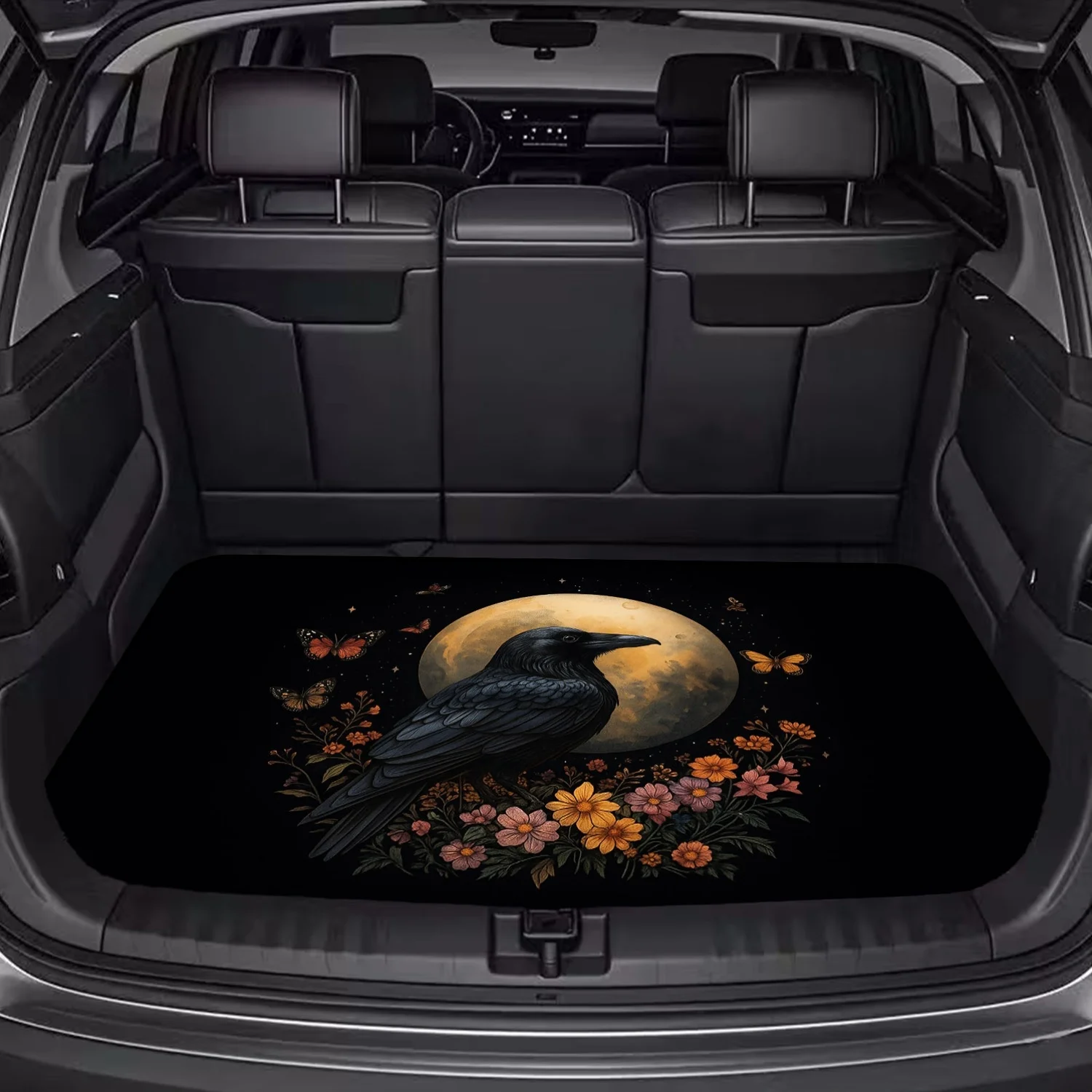1pc Dark Style Raven And Floral Pattern Car Trunk Mat, Mysterious Nature Print Design, Essential Travel Accessory, Fit For Multi