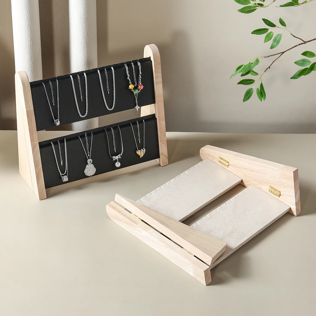 Foldable 2-Tier Sloped Wood Jewelry Display Stand – Necklace/Pendant/Bracelet Organizer with Rack & Tray (Easy Storage)