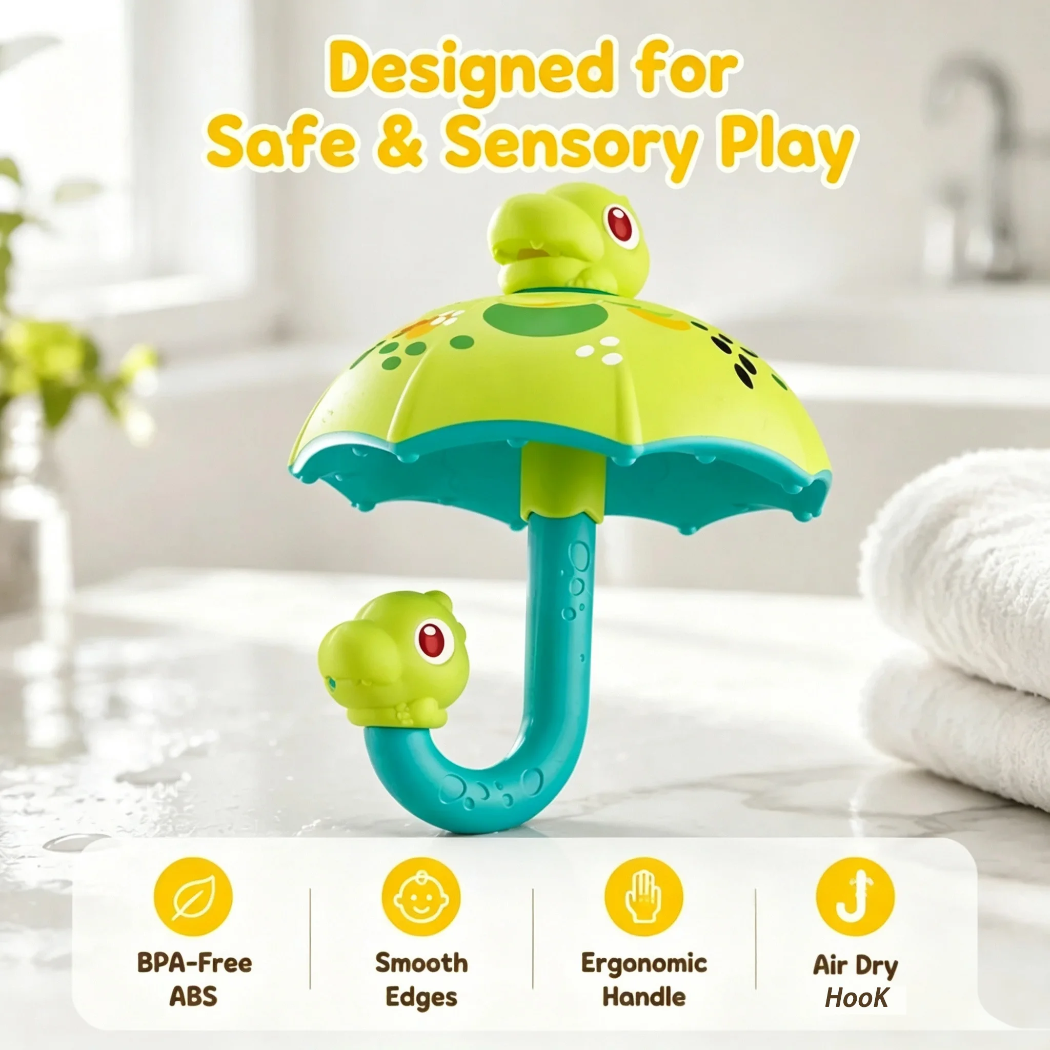 Umbrella Bath Toy for Toddlers – Fill & Rain Shower Water Toy with J-Hook Handle for Hygienic Air-Drying, Fun Bathtub Play for K