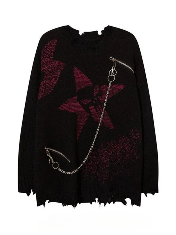 

Subculture винтажные свитера Y2k, осенне-зимние женские повседневные тонкие топы с длинными рукавами и принтом на молнии, джемперы с отверстиями, уличная одежда 2000-х годов