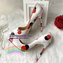 Women White Black Red Color Patchwork Polka Dots High Heel Shoes Glossy Mirror Leather 12Cm 10Cm 8Cm Stiletto Heel Wedding Pumps