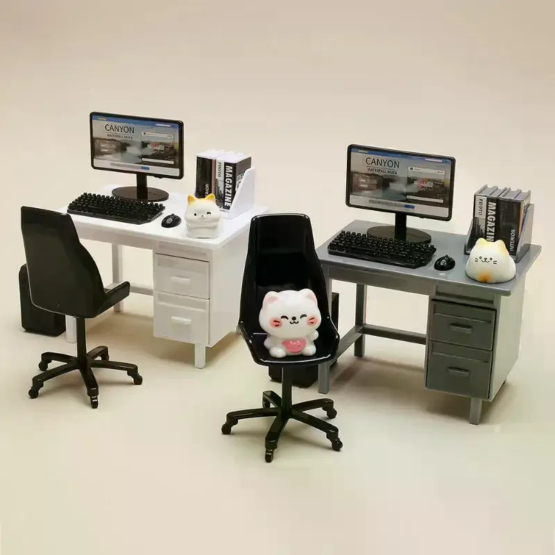 1 Set 1/12 Dollhouse Mini Study Furniture Set With Computer Desk Chair Keyboard Mini Home Scene Decor Model