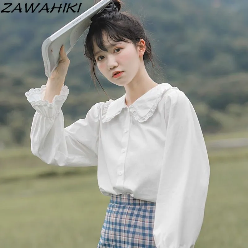 

White Shirt Women Peter Pan Collar Chic Designed Fall Winter Solid Color Long Flare Sleeve Japanese Sweet Fashion Tops Mujer