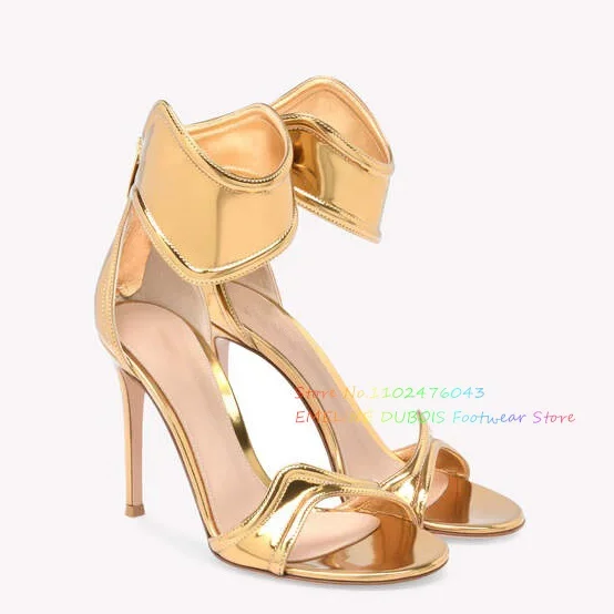 Mirror Gold High Heel Sandals Women Sexy Oepn Toe Cut Out Back Zippers Luxury Elegant Roman Shoes Summer New Ladies Shoes