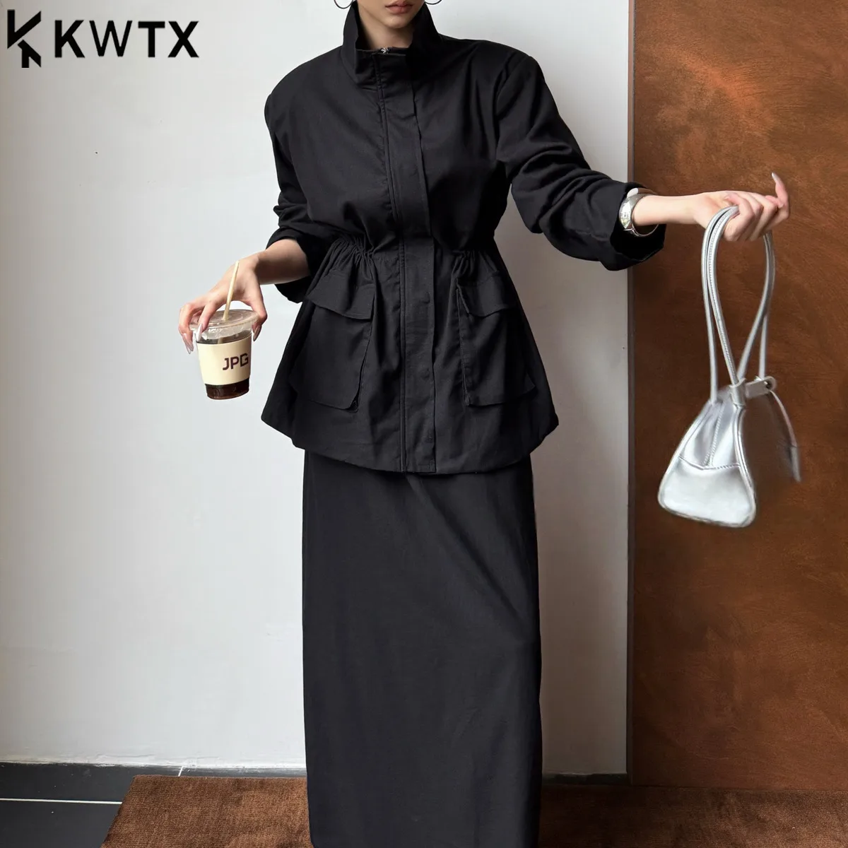 

KWTX женский повседневный комплект из 2 предметов, куртка, юбка, завязка на талии, карманы, элегантный однотонный сезон: весна-лето, высокое качество, удобный