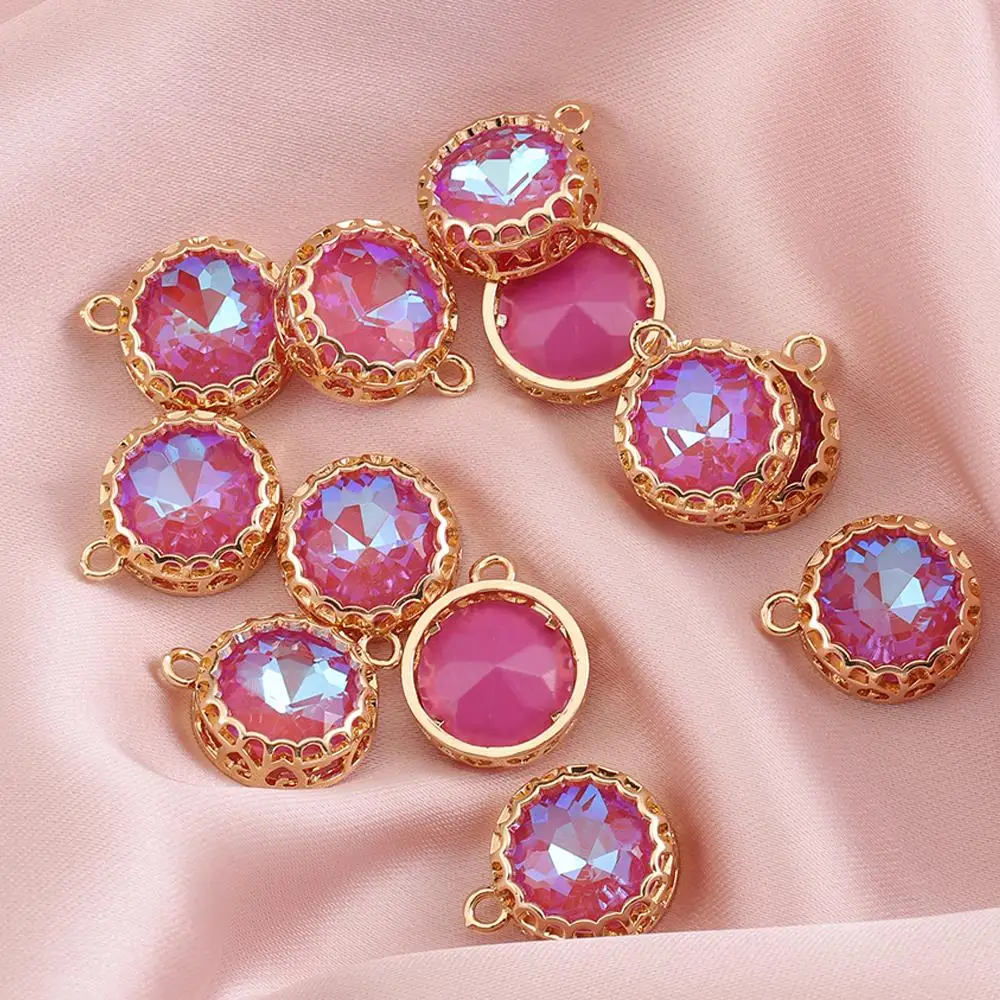 5pcs Round Glass Charms AB Color Crystal Bead Copper Frame Pendants for Handmade Earrings DIY Jewelry Making Components Supplies