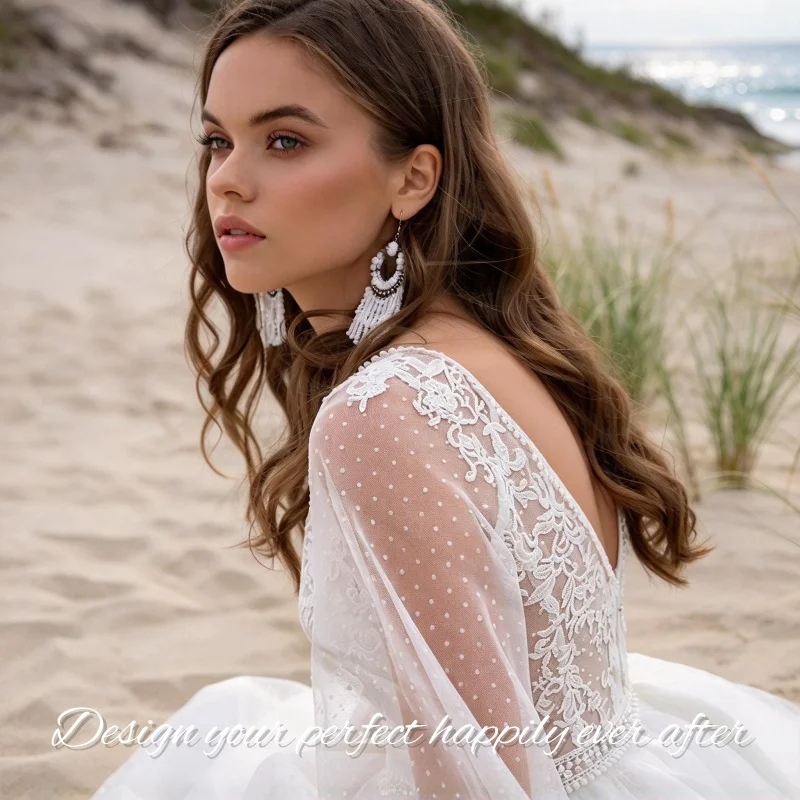 Elegant Boho Beach Bridal Gown Lace A Line Deep V Backless Long Puff Sleeve Dot Tulle Wedding Dress Vestidos De Novia Customized