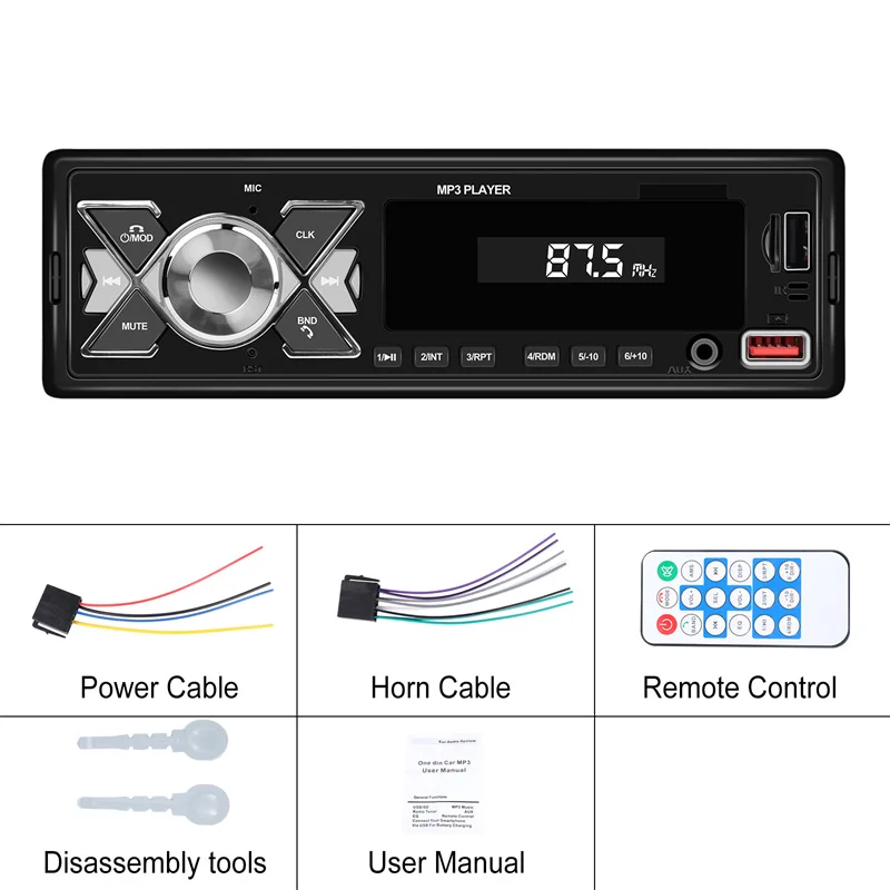 1-dinowa radio samochodowe Audio Stereo Odtwarzacz MP3 Bluetooth Multimedialne cyfrowe stereo do samochodu Uniwersalne kolorowe z wejściem Aux USB