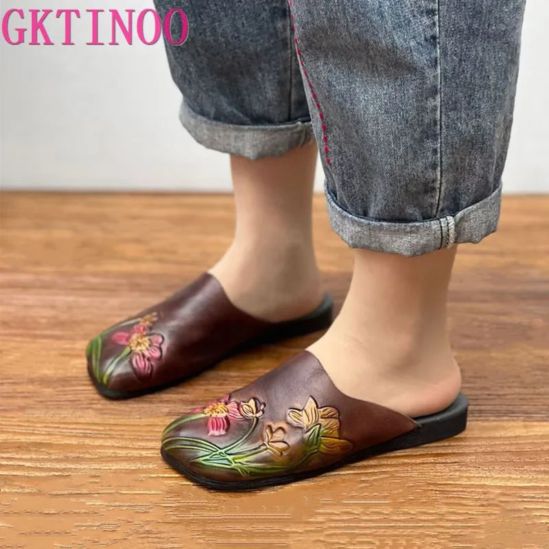 GKTINOO 2024 Retro Nostalgia Soft Cowhide Hand-painted Women\'s Slippers Summer Women\'s Shoes Sandals Mueller Shoes