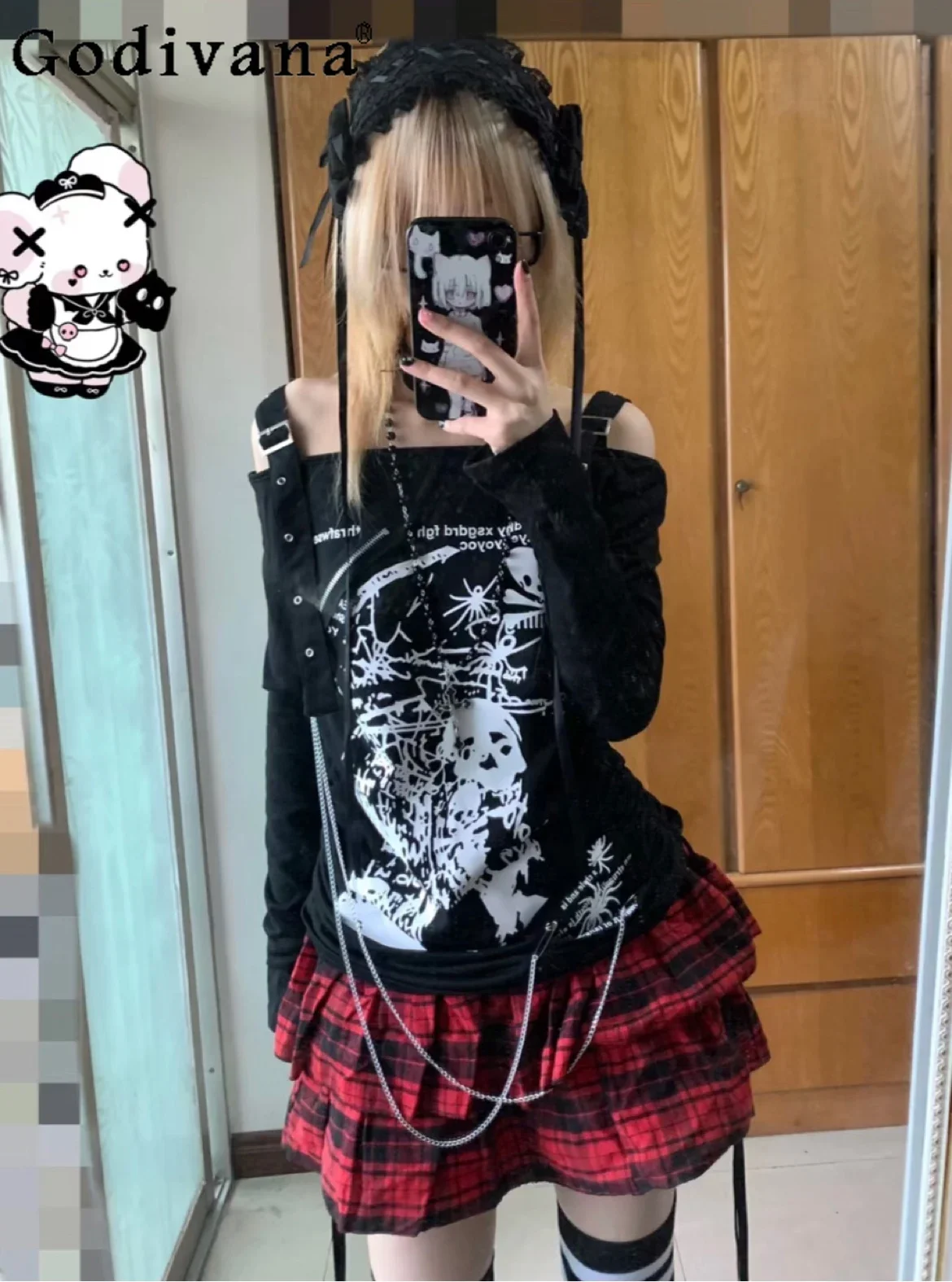 

Japanese Gothic Y2k Long-sleeved T-shirt Female Punk Subculture Off -shoulder Dark Print Drawstring Loose Tees Autumn Casual Top