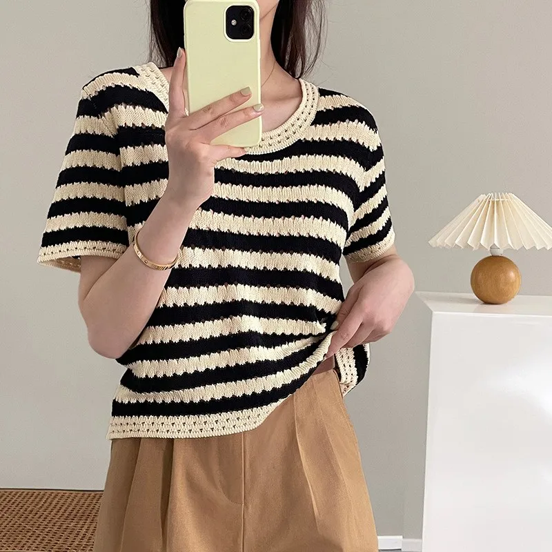 Summer Wear hollow-out Stripe Knit Ice Silk Short Sleeve women's New Round Collar Matching Color Thin T-shirt Thin Loose Top