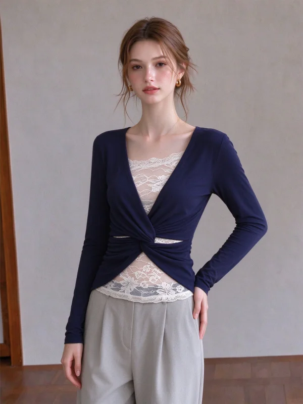 Elegant Korean Style Long Sleeve Lace T-Shirt Women's Autumn Waist Cinching Unique Top Not Mass Produced Breathable Casual Wear