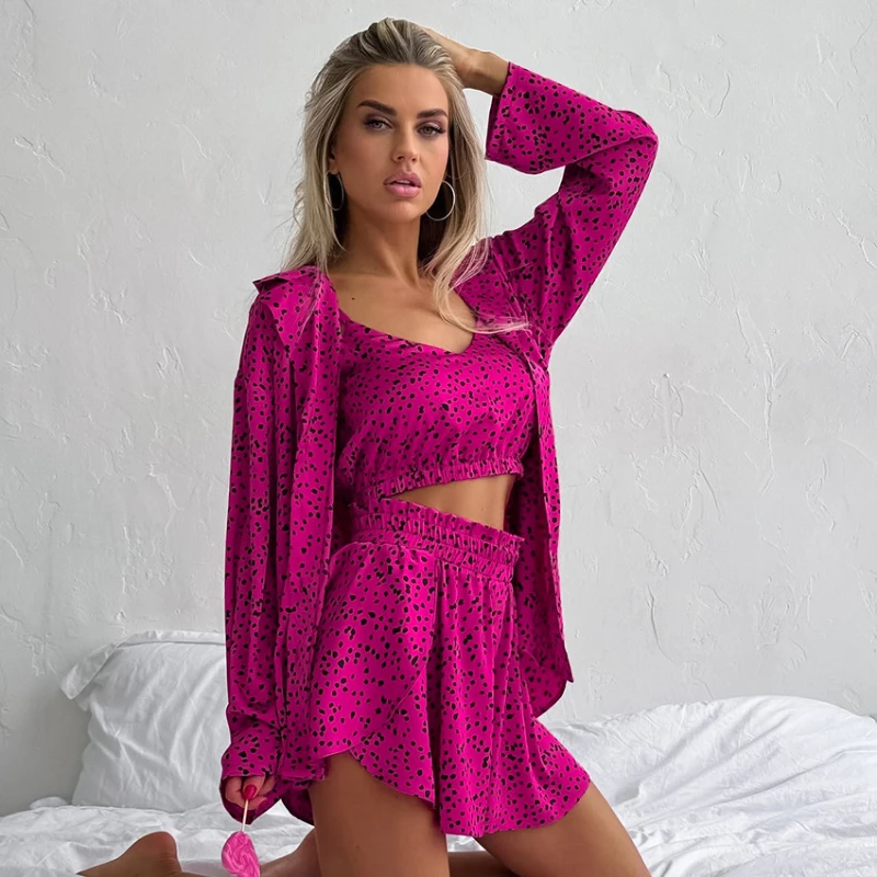 

New polka dot printed underwear shorts outerwear three piece set home wear autumn loose and comfortable pajamas