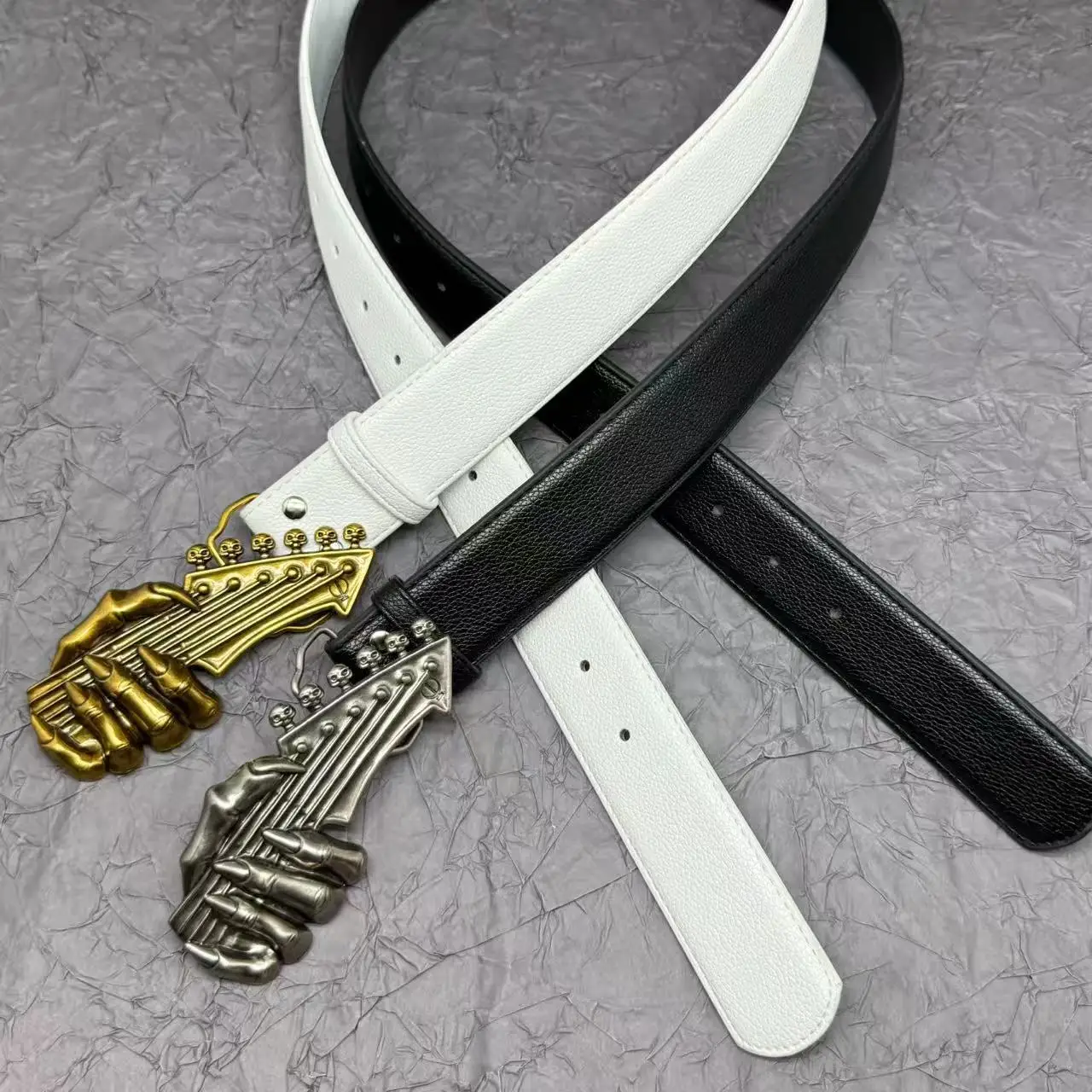 Punk Heavy Metal Faux Leather Belt Lychee Grain Skull Claw Guitar Pin Buckle Gothic Alt Fashion Jean Waist Strap for Men Women