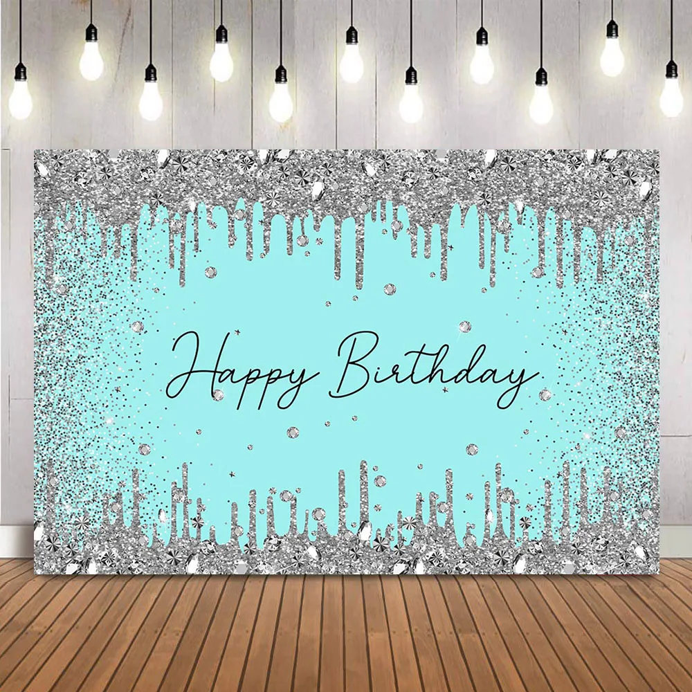 

Sliver Glitter Birthday Background Happy Birthday Diamonds Photo Backdrop Light Blue Kids Birthday Party Decoration Banner Props