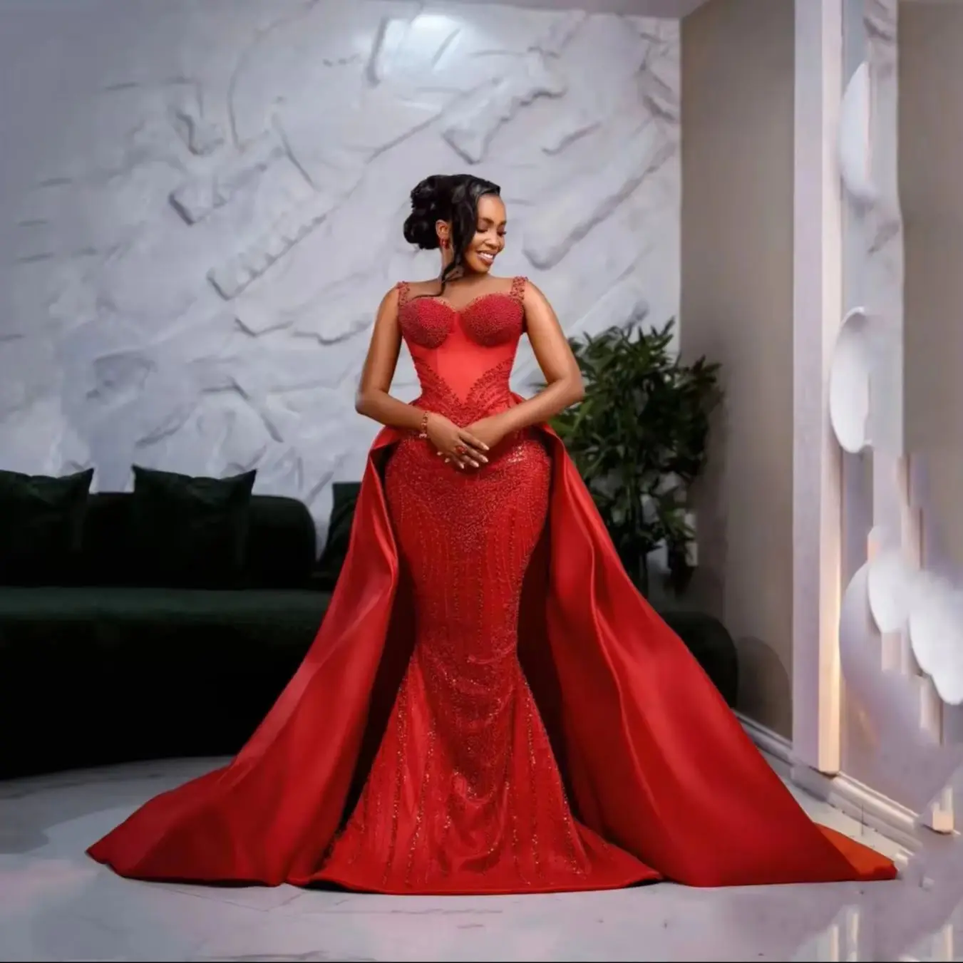 

Индивидуальное вечернее платье-русалка для выпускного бала с тонкими бретелями, длинное, с кристаллами, для торжественных мероприятий, красное, с пайетками и бисером, со съемным шлейфом