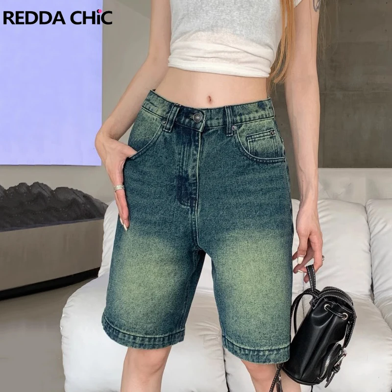 

ReddaChic Women Knee-long Jeans Jorts Vintage Wash Distressed Whiskers High Waist Straight Wide Leg Denim Shorts Y2k Streetwear