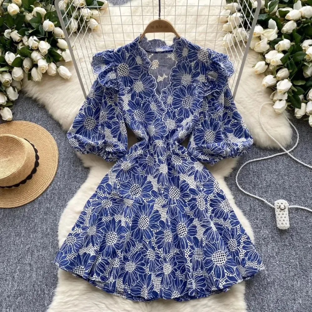 Retro V Neck Lantern Short Sleeves Embroidered Print Elegant Summer Slim Dresses A-line French Vacation Print Women Clothing