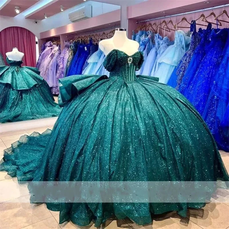 ANGELSBRIDEP Glitzernde grüne Quinceanera-Kleider mit Schleife, Kristallen, Vestidos de 15 Jahre, Geburtstagsfeier, Abschlussball, Ballkleid, individuell gestaltet