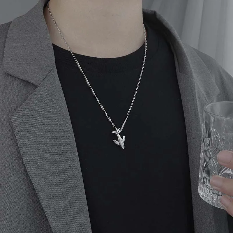 Stainless Steel Silver Color Whale Pendant Necklace for Men Women Fashion Metal Smooth Small Whale Long Sweater Chain