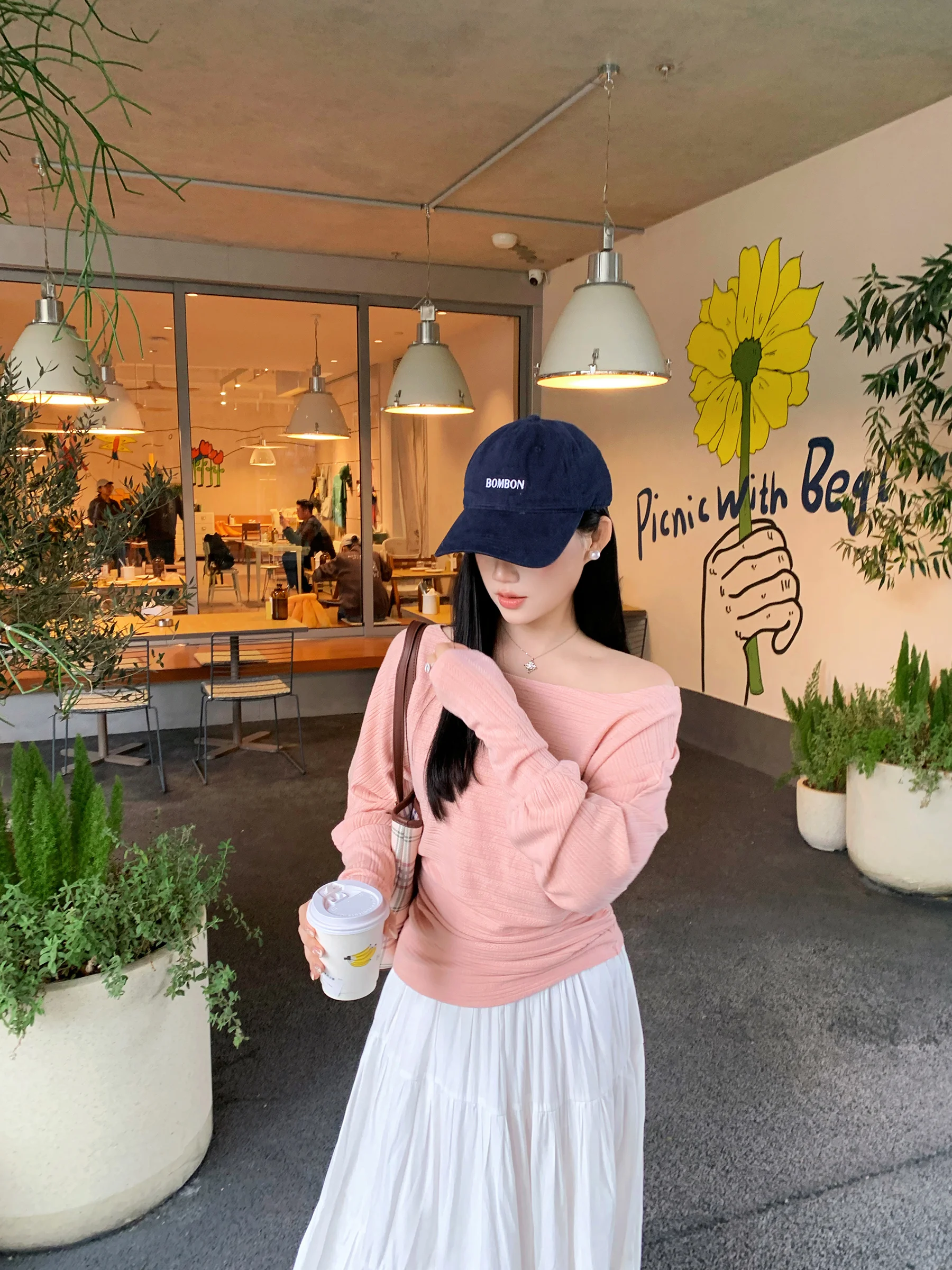 

Spring Design Knitted Sweater Women's Pink Base irt Lazy Top Waist-Cinching Long Sve Ne Stripe Pattern Knitwear