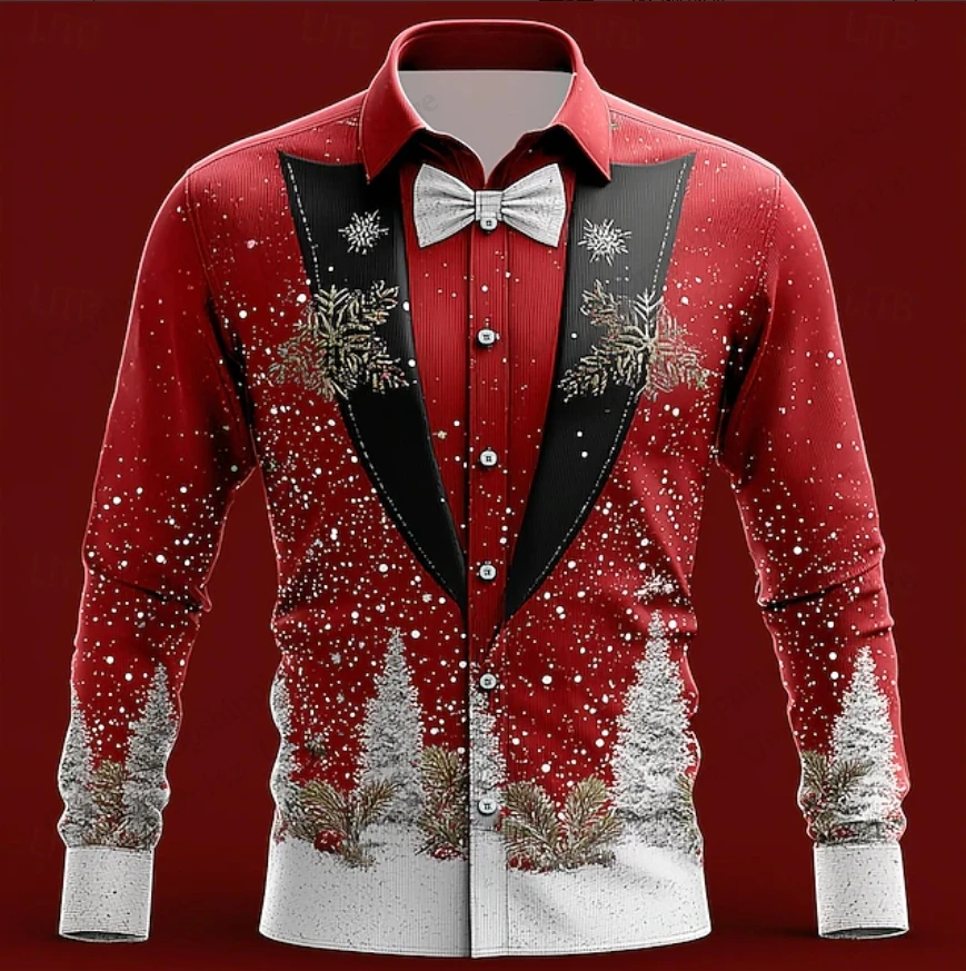 Snowflake Christmas Fake Suit 3d Print Long Sleeve Tuxedo Shirt Men Fashion Christmas Tree Single-breasted Blouse Mens Clothing