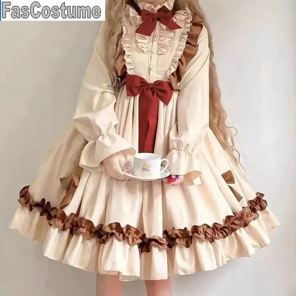 

Doll Retro Lolita Dress for Women Lovely Cute Autumn and Winter Long Sleeve Bow Sweet Girl Waist Slimming A-line Fuffly Dress