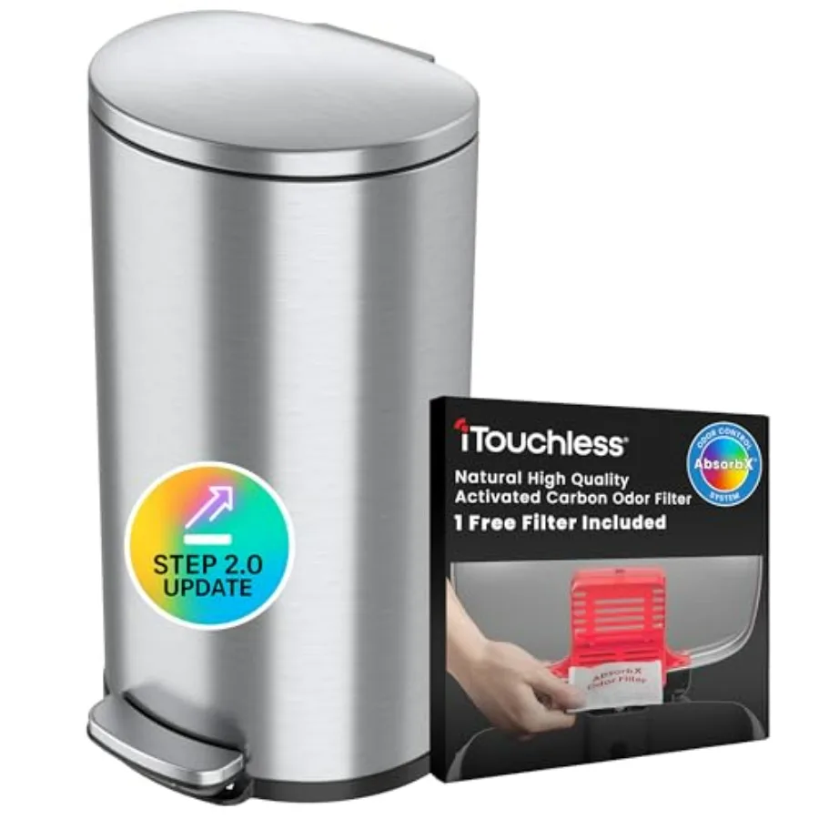 

Мусорное ведро для кухни 8 галлонов с технологией SoftStep 2.0, фильтром AbsorbX для устранения запахов и съемным внутренним ведром, полукруглое, из нержавеющей стали