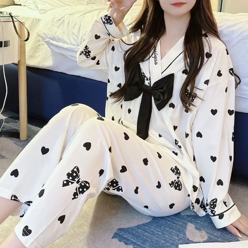 Pajama Women New 2024 Spring Autumn Princess Style Sleepwear Sweet Bow Loose Homewear Plus Size 150kg V-neck Pullover Loungewear