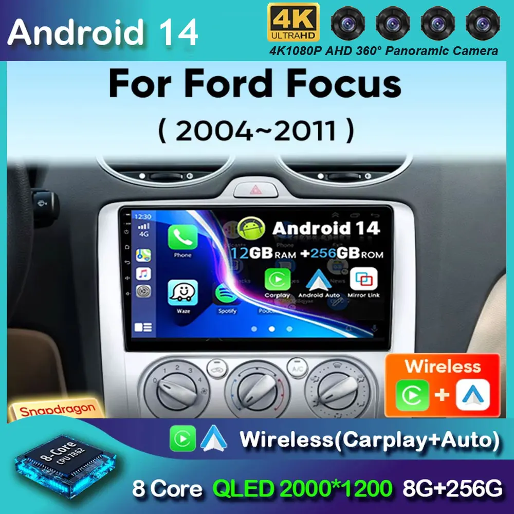 Android 14 Car Radio For Ford Focus 2 3 Mk2 Mk3 2004-2011 Wireless Carplay Android Auto 4G Car Multimedia Player GPS DSP 2 Din