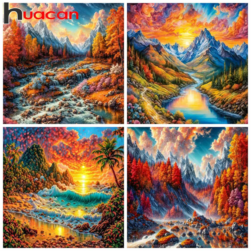 

Huacan Full Round square Drill Diamond Art Painting Sunset River Mountain Landscape Diamond Mosaic New 2025 Wall Decoration