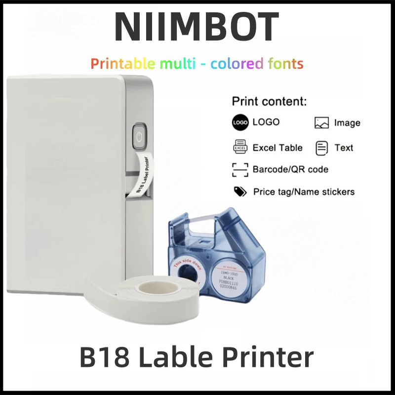 Цветной принтер для этикеток NIIMBOT B18, беспроводное Bluetooth соединение, портативный, мобильный монтаж, поддержка перезаряжаемой цветной печати