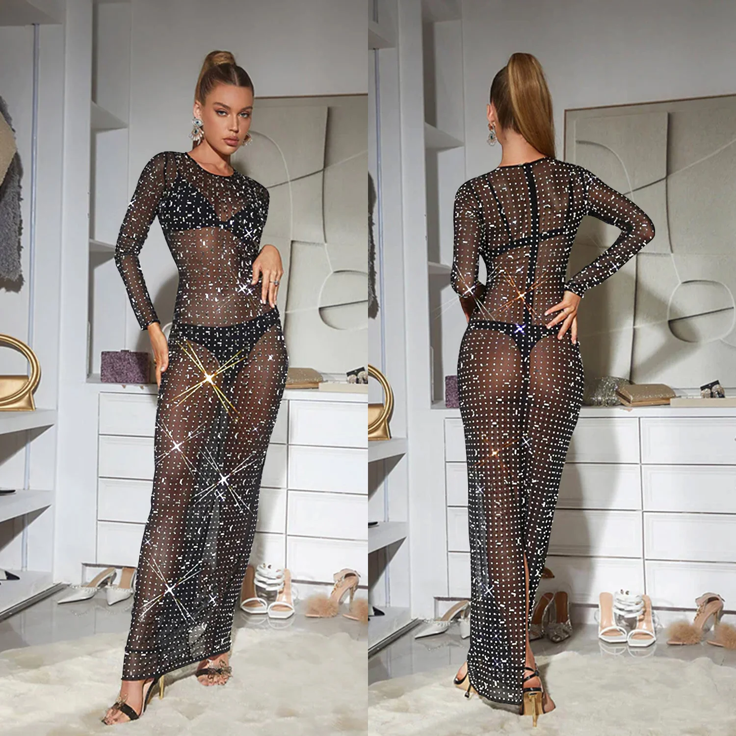 

Solid Color Mesh Hot Diamond Long Sleeve Long Skirt Dress