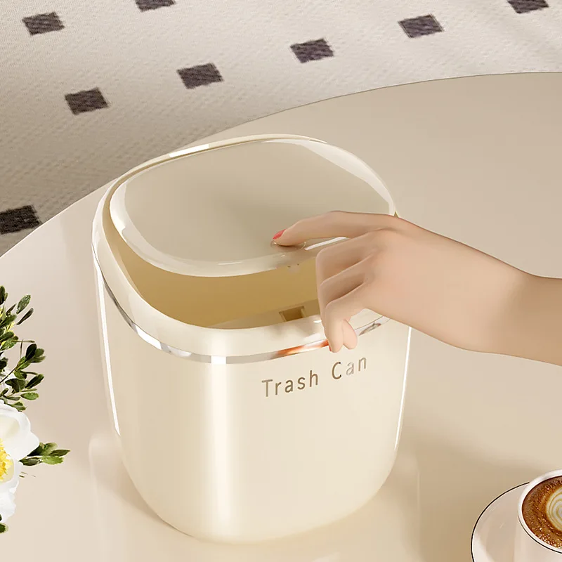 Desktop Trash Can, Household Mini Cute Bedside Storage Bin, Trash Basket for Living Room, Light Luxury Press-type with Lid